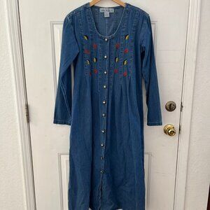 Vintage Jane Ashley Denim Embroider Leave Peasant Farm House Midi Dress Sz LR